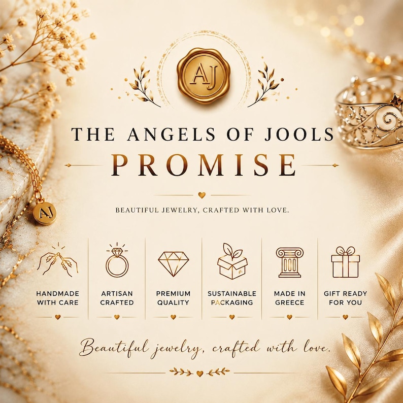 May include: A gold-toned promotional graphic featuring the text THE ANGELS OF JOOLS PROMISE, BEAUTIFUL JEWELRY, CRAFTED WITH LOVE, and six icons representing handmade, artisan, premium, sustainable, Greek-made, and gift-ready jewelry features.