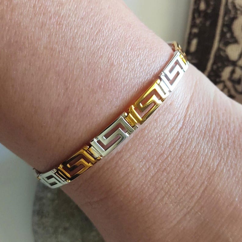 Ancient Greek Mythology Link Bracelet Gold-plated Silver 925, Meander Greece Signet Key Gift Jewelry image 2