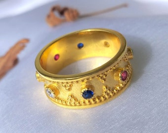 Greek Byzantine Ring K18 Gold-plated Silver 925 with Multy-colour Gemstones/Traditional Artisan Jewelry/Etruscan Band Vintage style gift