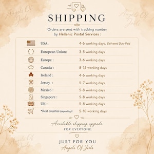 May include: A beige informational graphic titled SHIPPING with a truck icon, listing delivery times for various regions including the USA, European Union, Canada, and others, featuring the brand name Angels Of Jools and floral illustrations.