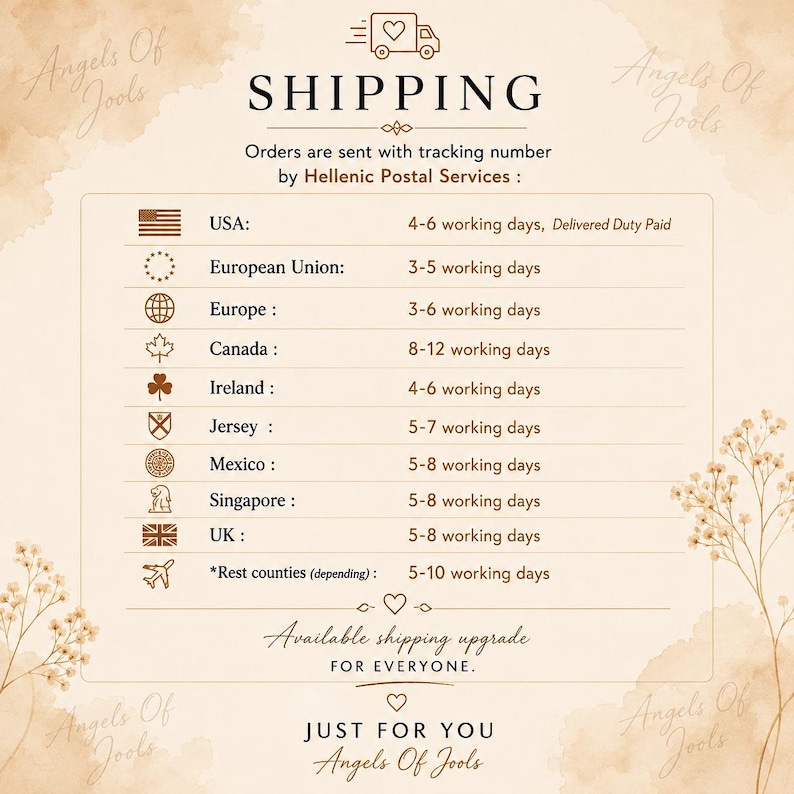 May include: A beige informational graphic titled SHIPPING with a truck icon, listing delivery times for various regions including the USA, European Union, Canada, and others, featuring the brand name Angels Of Jools and floral illustrations.