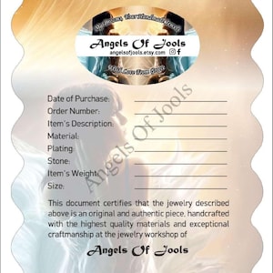 May include: A scalloped-edge Certificate of Authenticity document from Angels Of Jools. The header reads Certificate of Authenticity above a logo with the text My Dreams, Your Handmade Jewels, Angels Of Jools, and With Love From Greece. Fields include Date of Purchase, Order Number, Item's Description, Material, Plating, Stone, Item's Weight, and Size, followed by a certification statement and lines for Date Signed and Artisan Signature.
