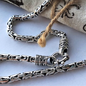 Byzantine Chain Silver 925 Necklace & Bracelet/Vintage Male Balinese Borobutur Link Chain/Unisex Chunky Heavy Antique Style Collar 2.5-3-4mm