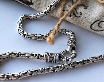 Byzantine Chain Silver 925 Necklace & Bracelet/Vintage Male Balinese Borobutur Link Chain/Unisex Chunky Heavy Antique Style Collar 2.5mm