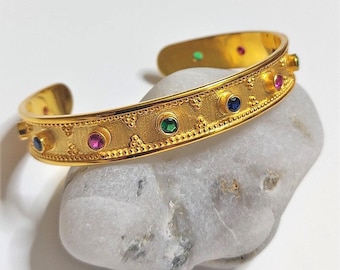 Greek Byzantine Cuff Bracelet K18 Gold-plated Silver 925 and multy-colour Gem stones/Traditional Artisan Jewelry/Roman Etruscan Vintage Gift