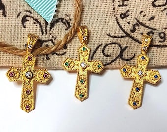 Solid Gold 14K Greek Byzantine Cross Pendant, First Communion Multicolored Handmade Etruscan Religius Charm