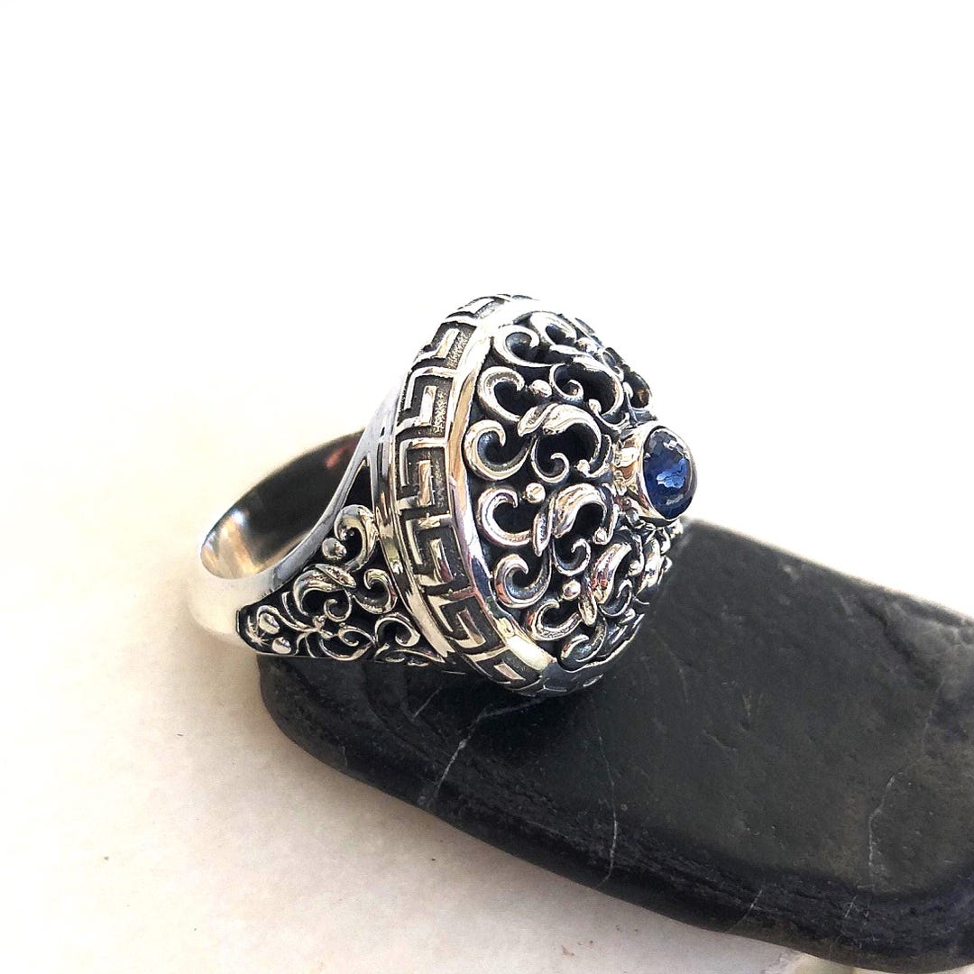 Byzantine Signet Ring, Oxidized Sterling Silver With Blue Sapphire - Etsy