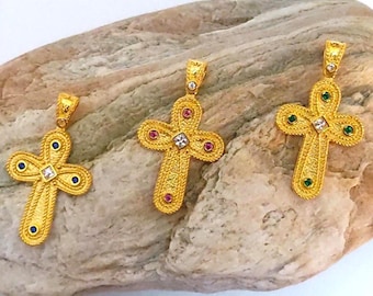 Byzantine Cross Pendant Solid 14K Gold , Filigree Cross, Gemstone Accent, Greek Orthodox Christian Jewelry