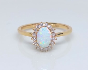 Genuine White Fire Opal & White Sapphires Yellow Gold Ring 14K Classy Formal Retro Vintage style Oval Proposal Ring October Birthstone