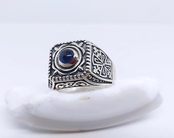 Oxidized Signet Ring Silver 925 & Real Blue Sapphire / Men Byzantine Handmade Large Imposing Antique Style Fleur De Lis Orthodox Cross Ring