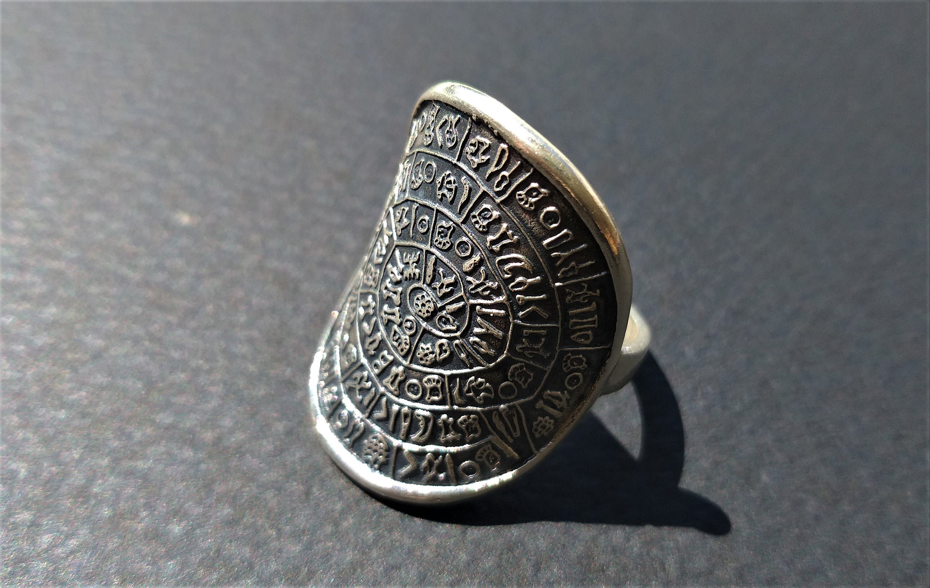 Minoan Phaistos Disk Ring Silver 925/Embosed Ancient Greek Mythology Signet Ring/Cretan Sοuvenir Jewelry/Casual Everyday Gift for Her