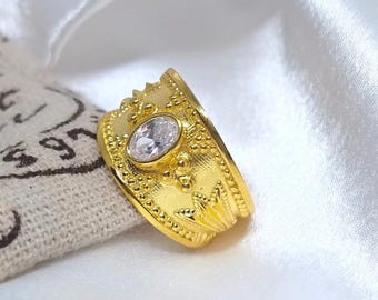 Greek Byzantine Ring K18 Gold-plated Silver 925 with White Oval Gem stone/Traditional Artisan Jewelry/Etruscan Medieval Roman Vintage Gift