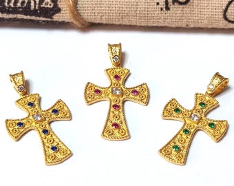 Greek Byzantine Cross Pendant Gold 14K, First Communion Multy-colour Handmade Etruscan Religius Charm