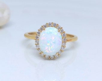 14K Gold White Opal Ring, Oval Halo Wedding Band with Sapphires, October Birthstone Gift