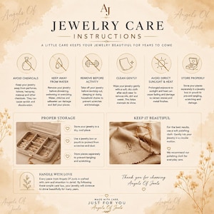 May include: An informational graphic titled Jewelry Care Instructions by Angels Of Jools. It features six icons with text explaining how to avoid chemicals, water, and heat, while recommending gentle cleaning and proper storage for jewelry pieces.