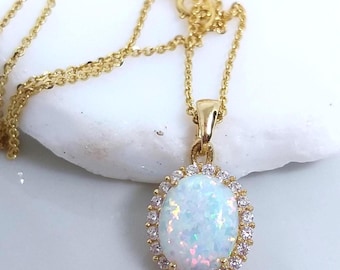 14K Gold White Opal Necklace: Sapphire Halo, October Birthstone, Classy Wedding Choker