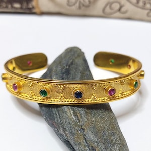 Byzantine Cuff Bracelet, 18K Gold-plated Sterling Silver, Multicolor CZ Greek Artisan Statement Jewelry