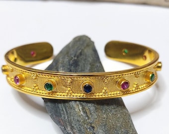 Byzantine Cuff Bracelet, 18K Gold-plated Sterling Silver, Multicolor CZ Greek Artisan Statement Jewelry
