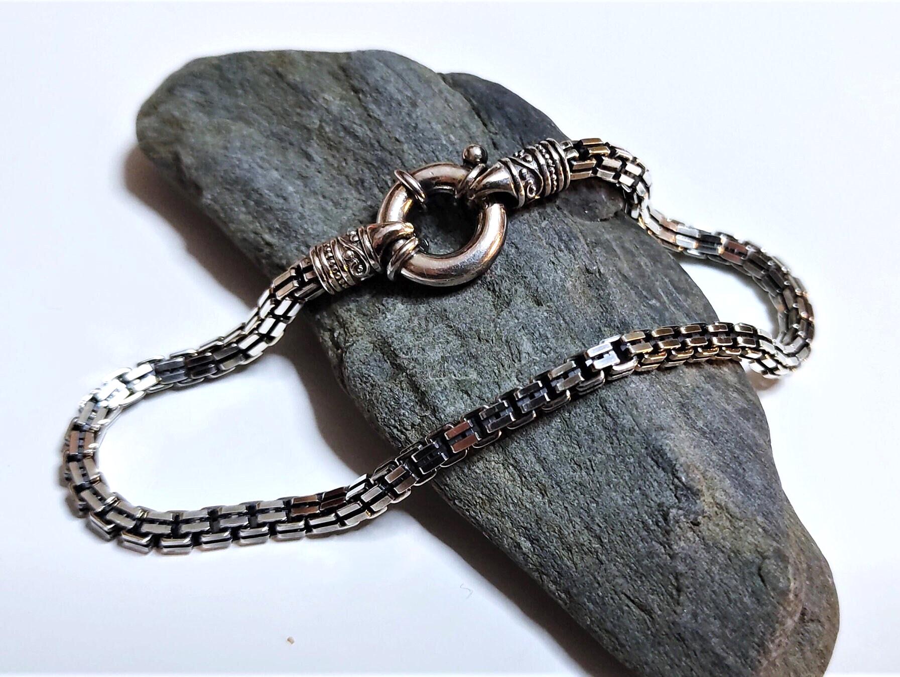 Box Chain Bracelet or Necklace for Men Oxidized Silver 925/ Edgy Square Thick Vintage Antique Chainmail Male Collar/Everyday Jewelry for Him