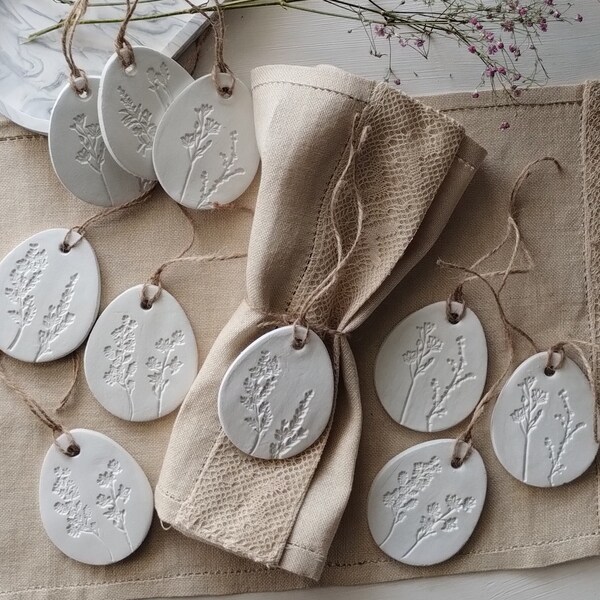 Set of 7 Easter three decorations/Easter gift tags/Handmade Clay tags/Easter table decor/Easter eggs/Clay floral tags/Hanging decor/