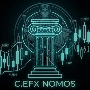 May include: A digital graphic featuring a glowing teal ionic column overlaid with a circuit board pattern, centered in front of a classical figure holding a staff and scroll. A financial candlestick chart trends upward across the background with the text C.EFX NOMOS.