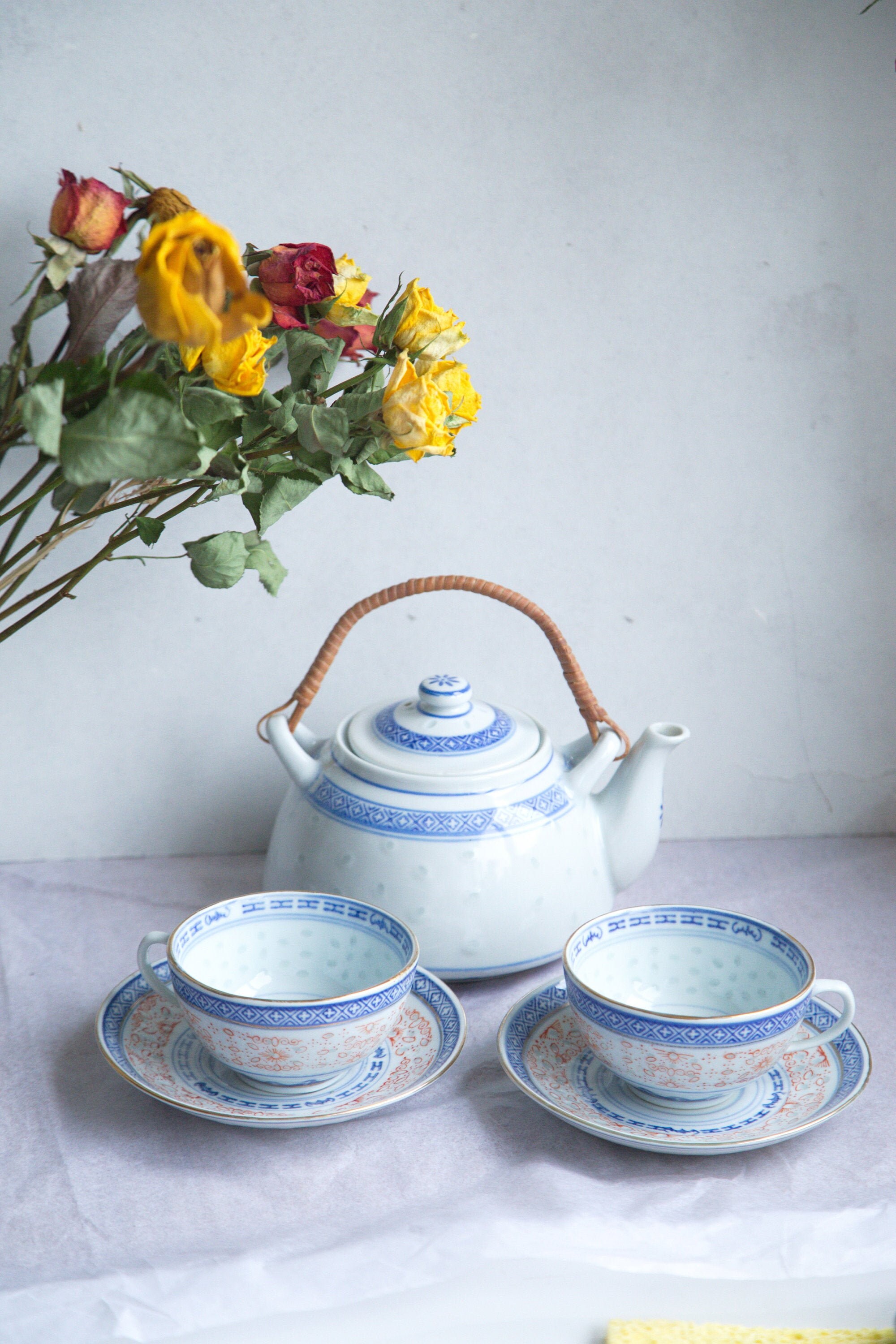 Vintage tea set Chinese Rice grain porcelain Teapot with 2 Etsy
