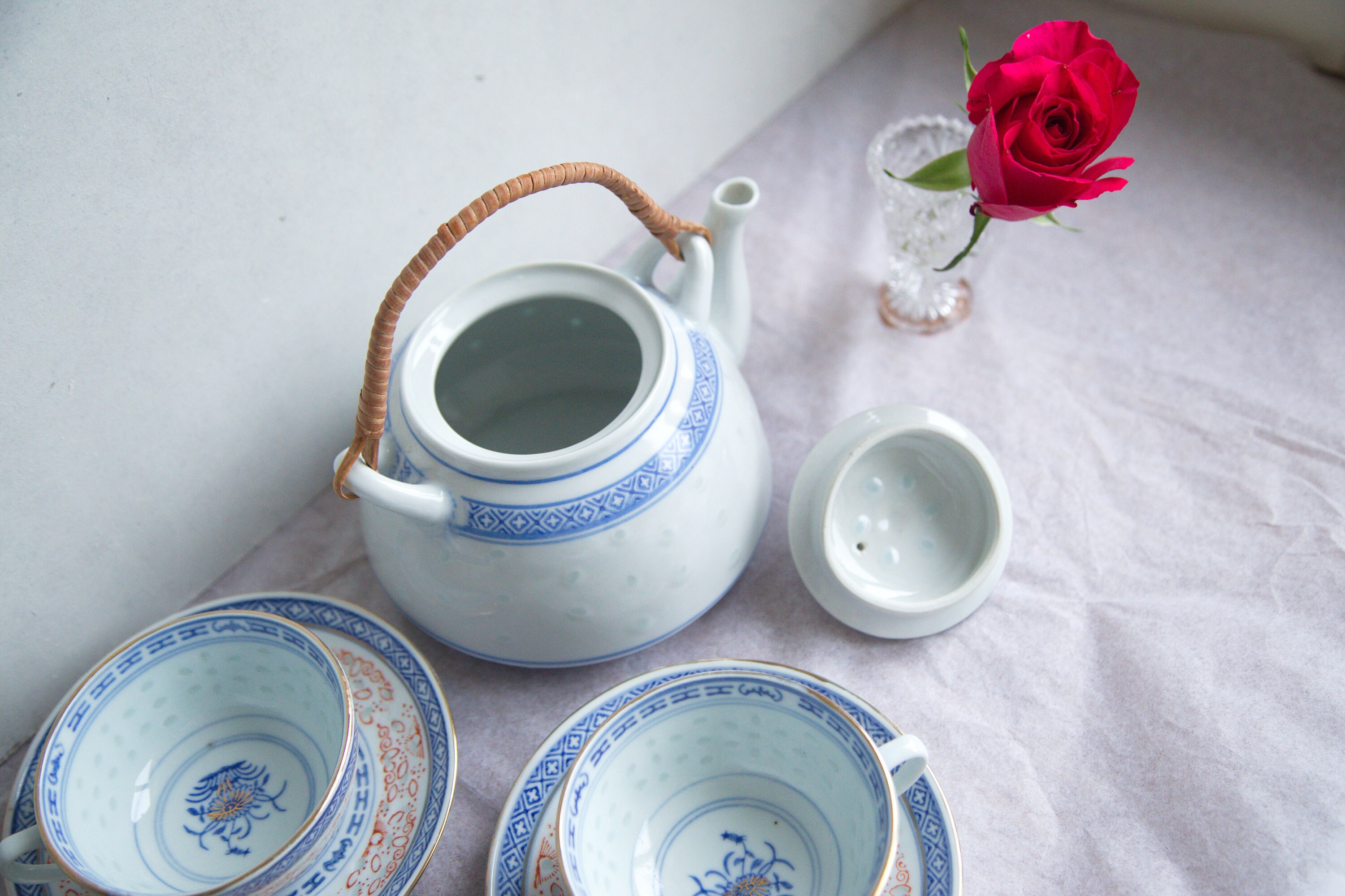 Vintage tea set Chinese Rice grain porcelain Teapot with 2 Etsy