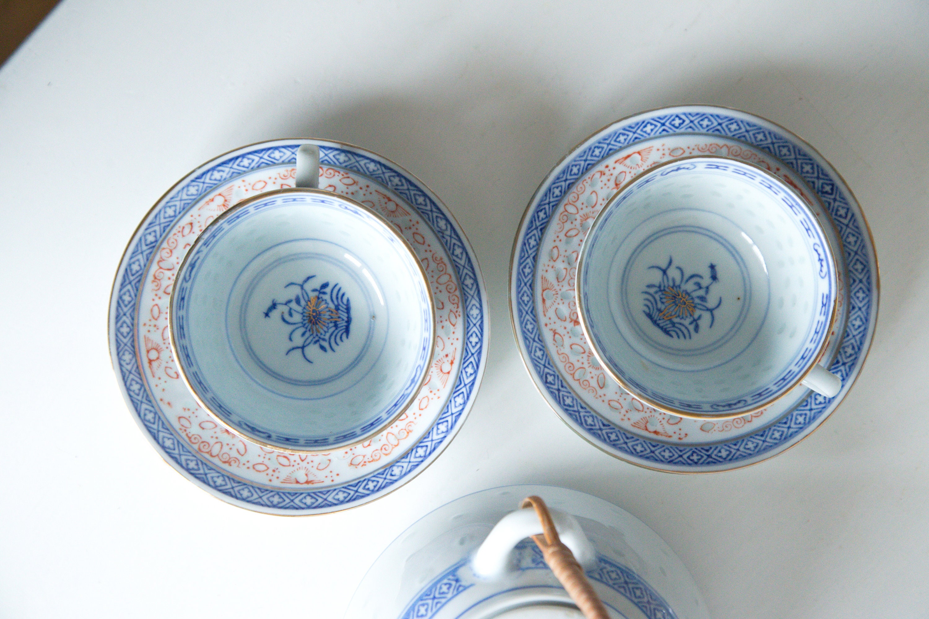 Vintage tea set Chinese Rice grain porcelain Teapot with 2 Etsy