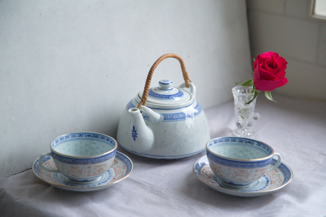 Vintage tea set Chinese Rice grain porcelain Teapot with 2 Etsy