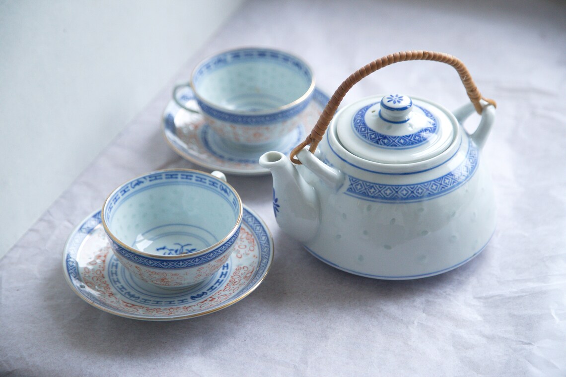 Vintage tea set Chinese Rice grain porcelain Teapot with 2 Etsy