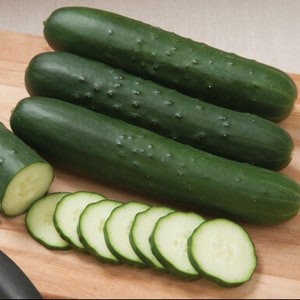 May include: A close-up of several green cucumbers on a wooden cutting board. The cucumbers are sliced into rounds and arranged in a row.