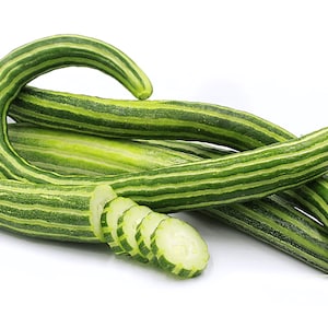 Peut inclure: Un groupe de concombres verts rayés, certains entiers et d'autres en tranches, sur un fond blanc.