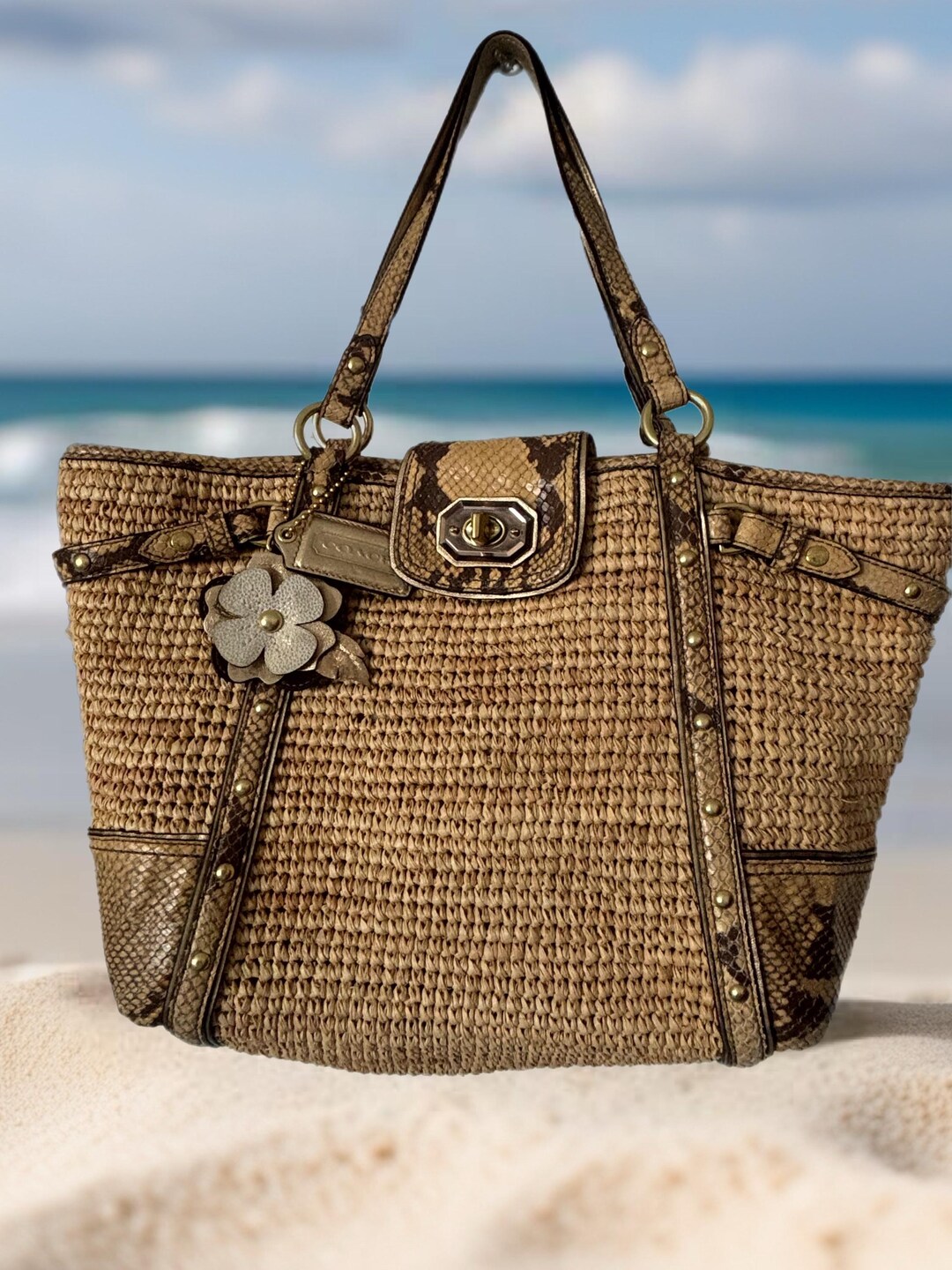 COACH Raffia and Python Shoulder Bag - Etsy
