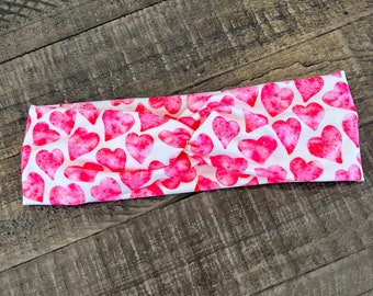 PINK HEARTS Knot Headband, No Slip Wide Fit headband, Button Option for Medical Professional, Ponytail Holder, Bun Holder, Turban, Valentine