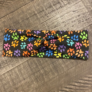 RAINBOW PAWS Knot Headband, Wide Dog and Cat Lover Headband, Vet Tech Headband, Nurse Dental Headband, No Slip Adult Turban, Bun Holder