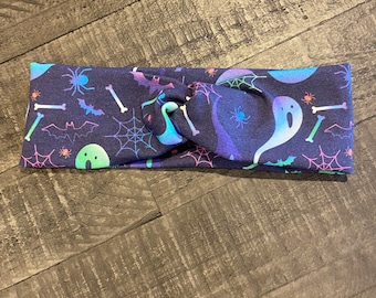 GHOST SPIDER WEB  Knot Headband, Wide Ghost Headband, Headband with Button for Medical Professional, Spooky Adult Turban, Pumpkin Headband