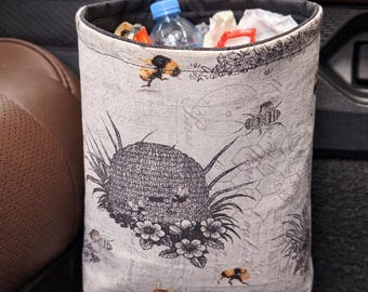 Vintage Bee Farm Car Trash Can, Bee Print Car Trash Can –Neutral Hanging Auto Garbage Bag – Farmhouse Car Organizer, Honey Bee Car Accessory
