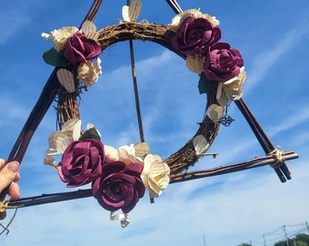 Hallows Wreath with handmade book page flowers and flying keys
