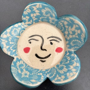 Handmade ceramic flower blue lace ring dish gift for her, trinket dish small dishes ring dish, small ring jewellery tray trinket pot