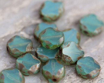Premium Czech Glass 9x8mm Wavy Oval Beads 10 Beads Opalite Green Mix Diamond