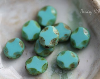 Premium Czech Glass 9x8mm Wavy Oval Beads 10 Beads Opalite Green Mix Diamond