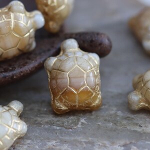 May include: Close-up of several turtle-shaped beads. The beads are a creamy white colour with gold-coloured accents outlining the shell pattern. The beads are scattered on a textured surface.