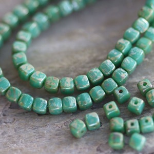 Sea Green Picasso Cube Czech Glass Beads 3.7mm, 50 Beads