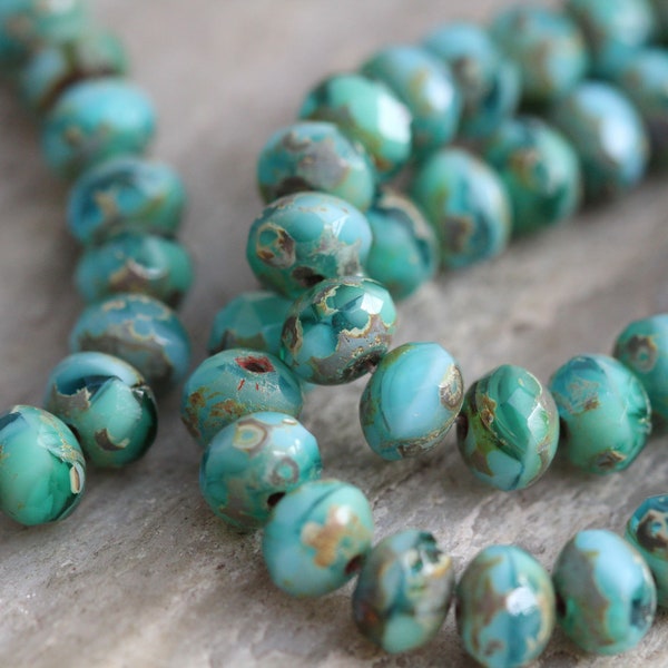 Sea Green & Sky Blue Blend Picasso Rondelle Beads Czech Glass Beads 7x5mm, 15 Beads