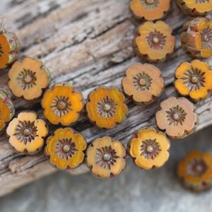 Burnt Orange Picasso Hawaiian Flower Czech Glass Beads 9mm, 10 Beads