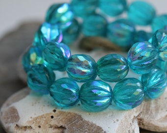 10mm Teal Blue AB Faceted Melon Czech Glass Beads (10 Beads)