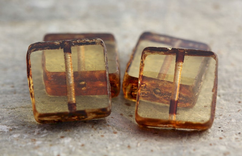 4 Beads Topaz Square Tile Beads Table Cut Beads 13mm Premium Czech Glass Beads