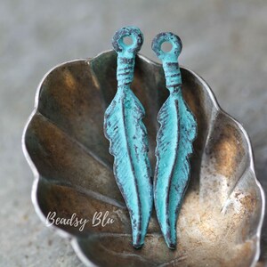 Mykonos Feather Charm Turquoise Patina Greek Cast Metal 27x5mm, 4 Pieces/10 Pieces