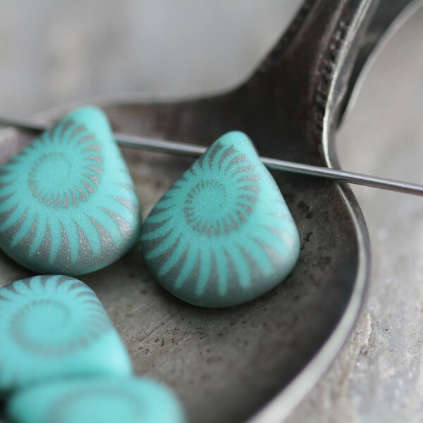 Matte Turquoise Laser Etched Briolette Czech Glass Beads 12x11mm, 8 Beads