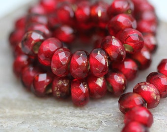 Dark Ruby Red with Gold Lining Large Hole Czech Glass Roller Beads 9x6mm, 10 Beads